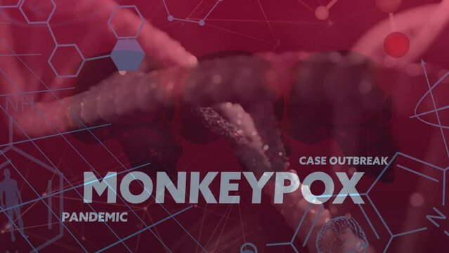 Animation of monkey pox pandemic over connections, chemical formulas and dna