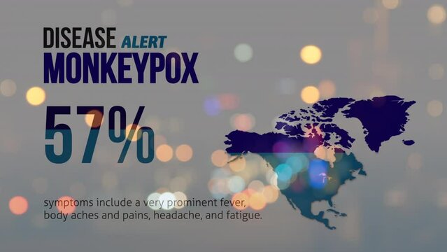 Animation of monkey pox alert 57 percent over world map and night road traffic