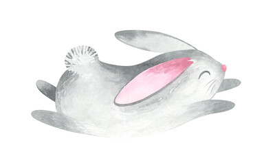 Watercolor Christmas with bunnies design. Baby rabbit illustration isolated on white background. Hand-painted Christmas cartoon forest hare animal rabbit decoration. Children's poster design.