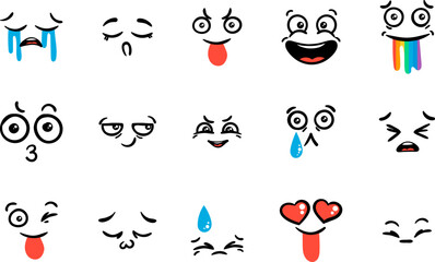 Various Cartoon Emoticons Set. Doodle faces, eyes and mouth. Caricature comic expressive emotions, smiling, crying and surprised character face expressions