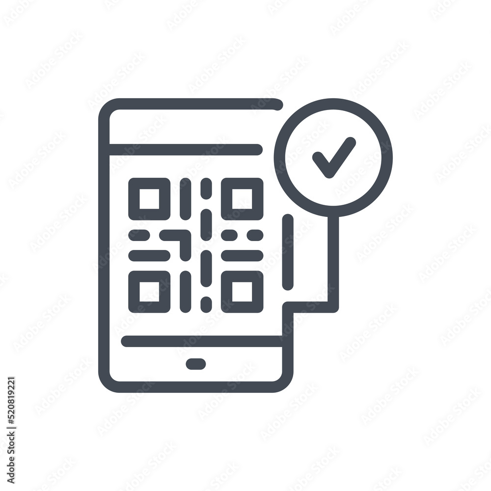 Poster mobile phone with qr code and check mark in circle line icon. approved qr code on smartphone vector 