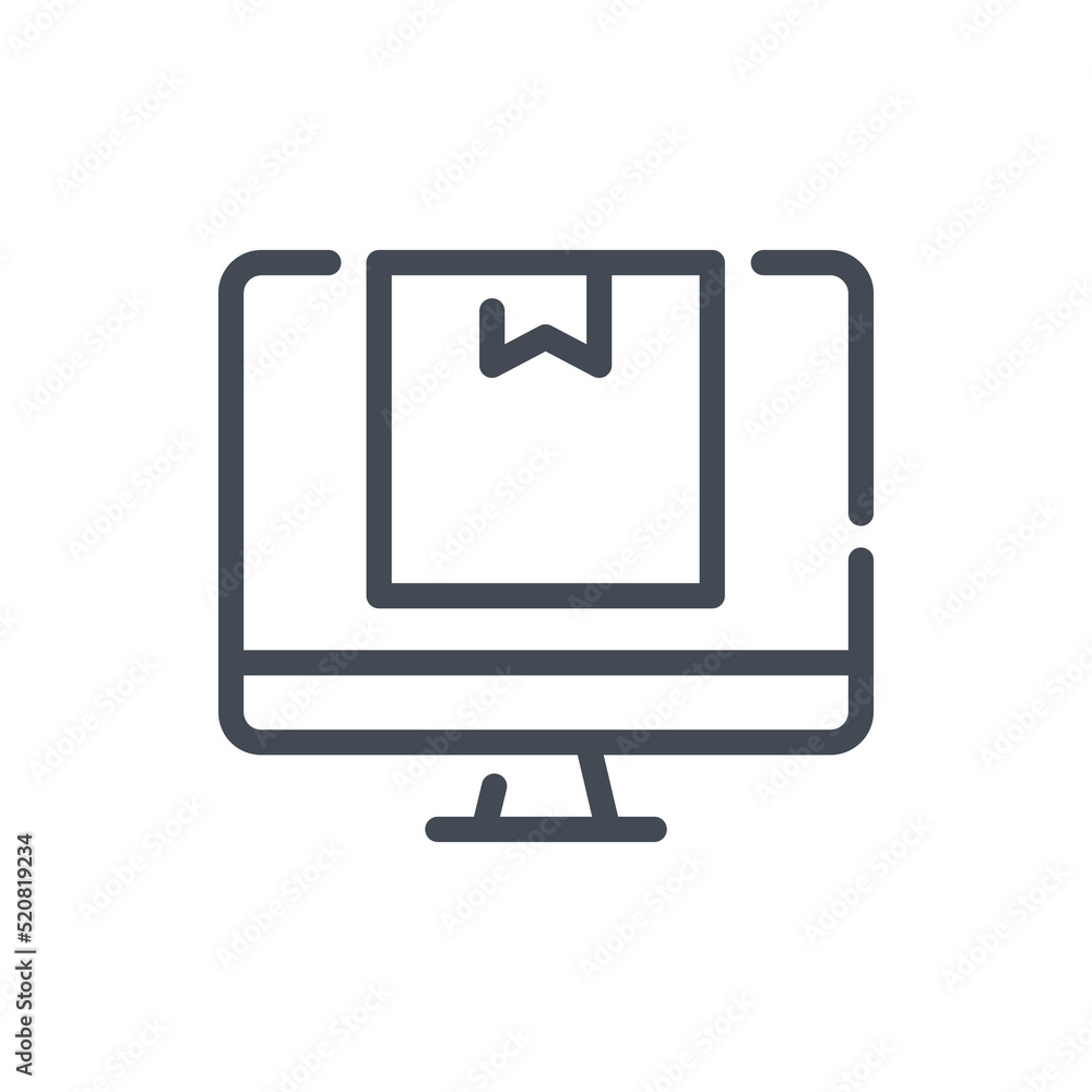 Poster online order and delivery line icon. computer with delivery box vector outline sign.