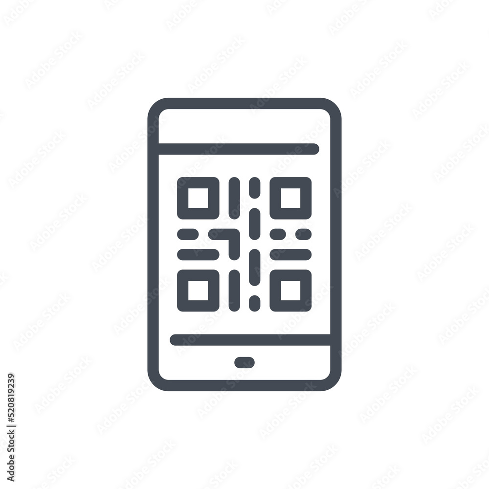 Poster mobile phone with qr code line icon. scan qr on smartphone vector outline sign.
