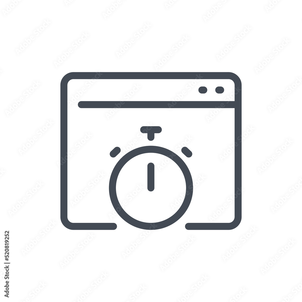 Poster response time and online time tracking line icon. web page with stopwatch vector outline sign.