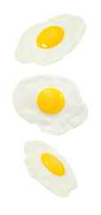 Fried eggs, three pieces,  falling, hanging, flying, soaring, isolated on white background with clipping path.