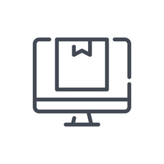 Online order and delivery line icon. Computer with delivery box vector outline sign.