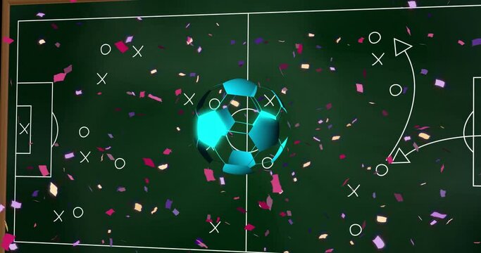 Animation of neon soccer ball over soccer field and confetti