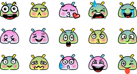 Various Cartoon Emoticons Set. Doodle faces, eyes and mouth. Caricature comic expressive emotions, smiling, crying and surprised character face expressions