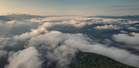 Fototapeta na wymiar Amazing aerial view of beautiful low clouds creeping on the tree-covered mountain slopes, the Rhodopes in Bulgaria at sunrise.