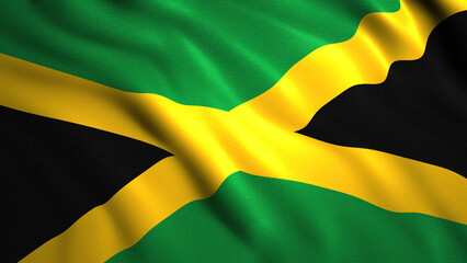 Background of bright waving flag. Motion. Beautiful 3D animation with waves on canvas of waving flag of country. Waving canvas of flag of Jamaica