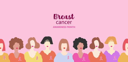 Breast cancer awareness background. October is month of breast cancer awareness in the world. Dedsign with woman and pink ribbon. Vector.