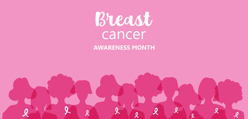 Breast cancer awareness background. October is month of breast cancer awareness in the world. Dedsign with woman and pink ribbon. Vector.
