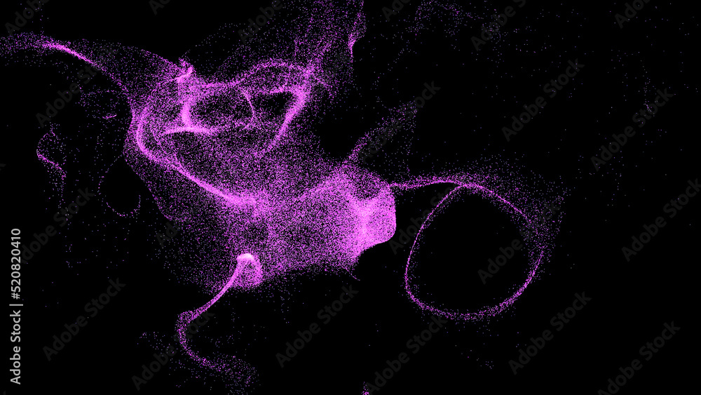 Poster Black background.Motion. Shiny pink and blue small particles in abstraction draw different patterns.