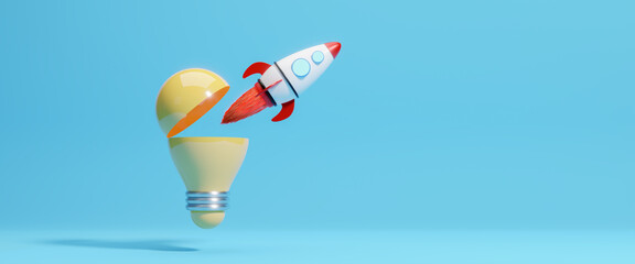 Innovative rocket launch flying high from opening bright lightbulb idea. Concept new idea concept with innovation and inspiration.  Startup innovation with new ideas and creative. 3d rendering
