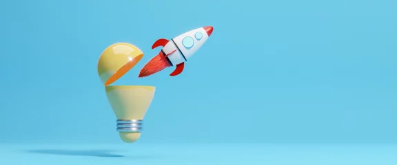 Foto op Plexiglas Innovative rocket launch flying high from opening bright lightbulb idea. Concept new idea concept with innovation and inspiration.  Startup innovation with new ideas and creative. 3d rendering © Nuchjaree