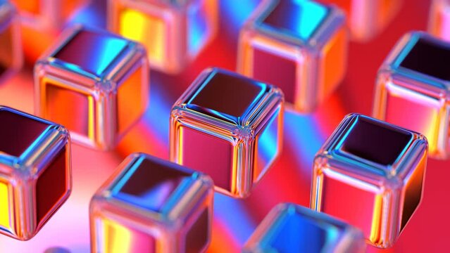 Vivid colorful metal cubes spin loop-able 3D 4K abstract animation. Bright metallic geometric background