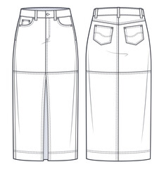 Midi Skirt technical fashion illustration. Denim Pencil Skirt fashion flat sketch template,  midi lengths silhouette, front and back pockets, front slit, front and back view, white, CAD mockup.