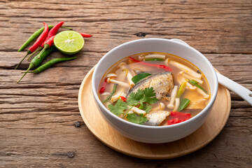 Tom Yam canned mackerel fish in tomato sauce with Shimeji mushroom.Asian spicy soup