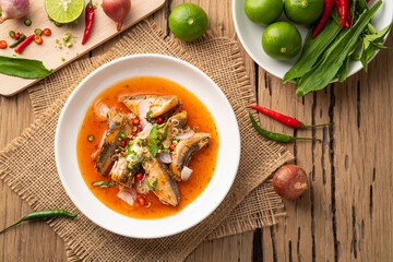 Spicy Canned Sardine Salad.Mixed salad with sliced lemon grass, fish sauce, lime juice and paprika.Top view
