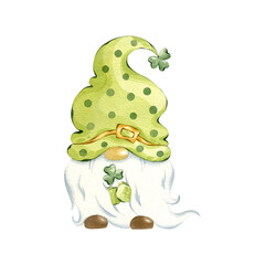 St Patrick's day leprechaun. Watercolor gnome with branch of clover. Hand drawn illustration of leprechaun isolated on white.