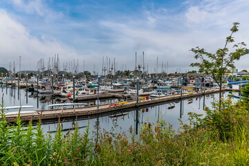 A view of boats moored in the harbor in Sitka, Alaska in summertime