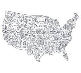 Hand drawn map of the United States. Concept of travel to the United States. Monochrome vector illustartion. American symbols on the map.