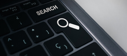 Banner of keyboard with search button. Concept of searching browsing Internet data information.