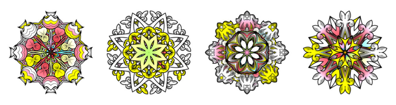 Set of circular mandala patterns for coloring, henna, tattoo, mehndi, books, decoration. Ornate decorative ornament in ethnic oriental style