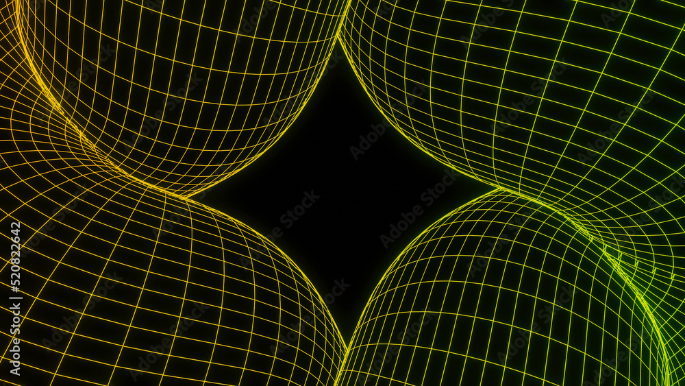 Poster grid with 3d shapes on black background. design. grid figure in computer retro style. retro mesh mov