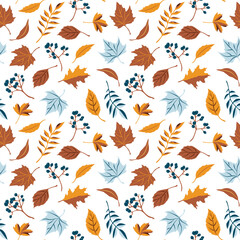 Fall vector background. Orange and blue colors. Autumn leaves and berries seamless pattern