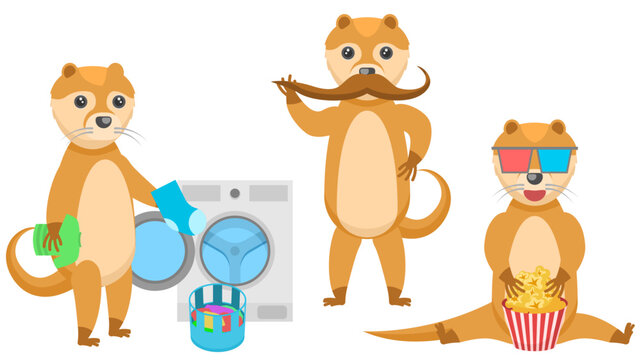 Set Abstract Collection Flat Cartoon Different Animal Otters Watching A Movie With Popcorn, Throwing Things In The Washing Machine, Twists His Mustache Vector Design Style Elements Fauna Wildlife