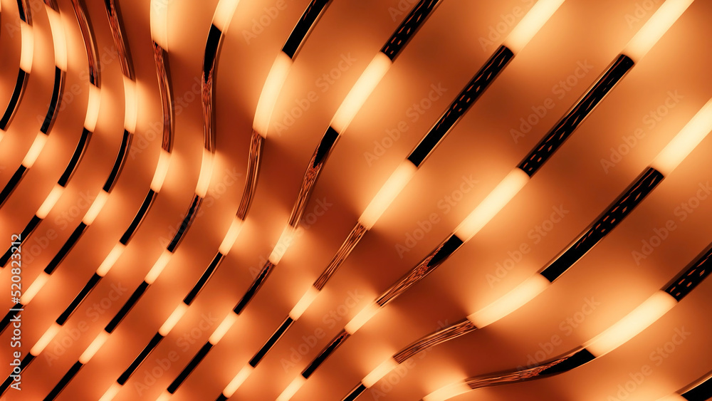 Poster moving luminous stripes in tubes. design. background of curved tubes on surface with luminous stroke