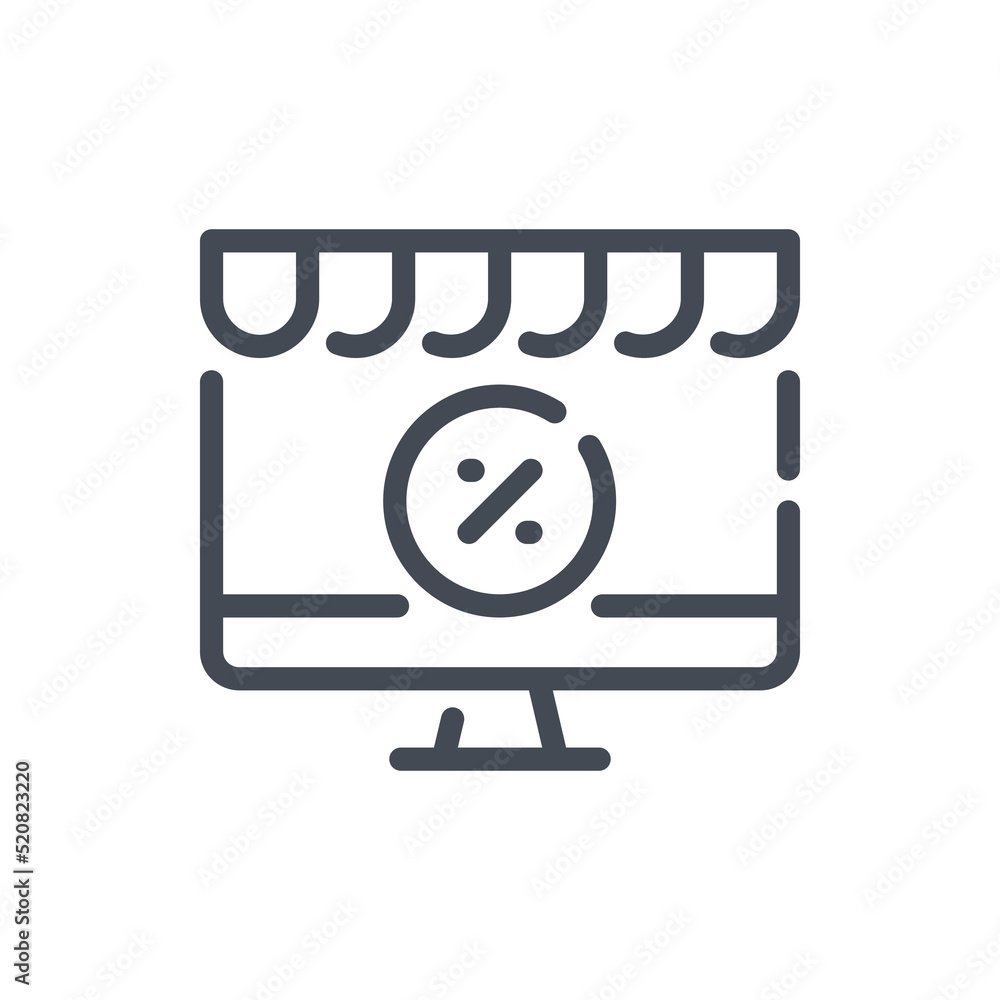 Poster online store and special offer line icon. computer with shop website and percentage in circle vector