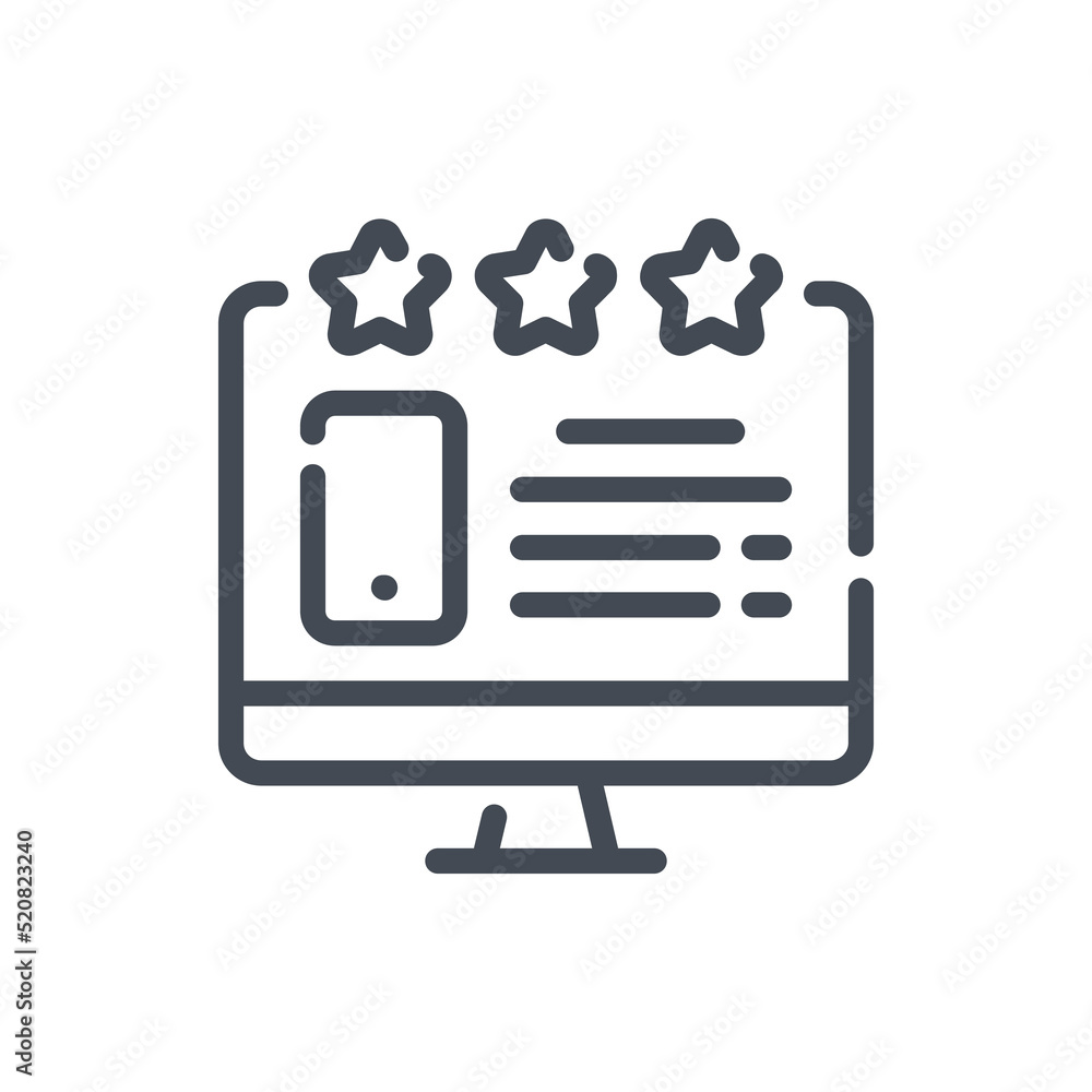 Poster product reviews and rating line icon. computer with product with rating stars and review vector outl
