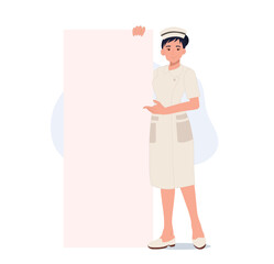Female nurse with blank big signboard. your text here. Flat vector illustration