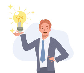 Fototapeta na wymiar Business creativity concept. Businessman with idea light bulb. Vector cartoon illustration.