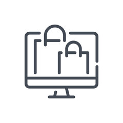Online purchase and shopping line icon. Computer with shopping bags vector outline sign.