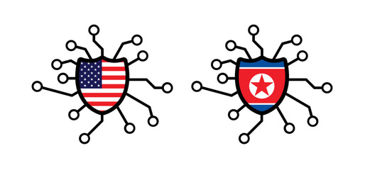 Hybrid war and warfare, DDoS attack. Cyber war, America and North Korea conflict. Hackers and cyber crime, Hackers and cyber criminals phishing steal personal information. Koreans and usa or vs flag.