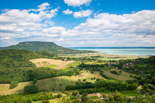 View from the castle at Szigliget over Badacsony Mountain and Lake Balaton in Hungary