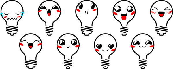 Set of Various Cartoon Bulbs with Emoticons. Doodle lightbulb, ideas, eyes and mouth. Caricature comic expressive emotions, smiling, crying and surprised character face expressions