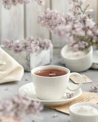 Obraz na płótnie Canvas cup of tea on the table with lilac 