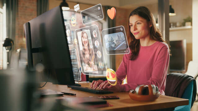 Young Beuatiful Women Using Desktop Computer To Check Social Media, Listen To Music and Read Emails. Creative Person Catching Up With Friends Online. 3D Visualization of Online Platforms Concept.
