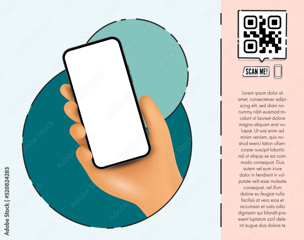 Poster vector cartoon hand holding the black smartphone with a qr code and scan me text - modern smart phon
