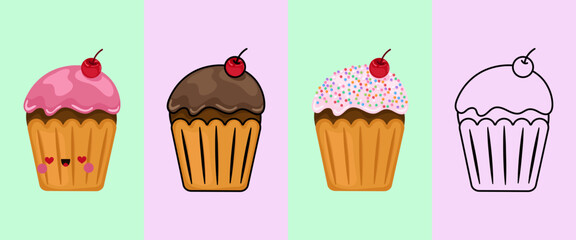 Clipart Cupcake Multicolored and Black and White. Cute Clip Art Cake. Vector Illustration of a Kawaii Sweets for Stickers, Baby Shower, Coloring Pages, Prints for Clothes.
