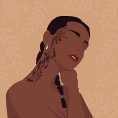 Portrait of a black woman with a tattoo on her face. Modern fashion illustration.