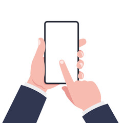 Businessman's hand with phone. Hand keeps smartphone and other hand touches the screen. Vector illustration..
