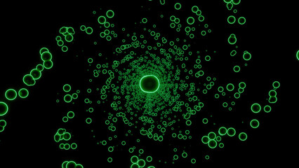 Colorful neon bubbles flying in a spiral on a black background. Design. Rotating tornado of small circles.