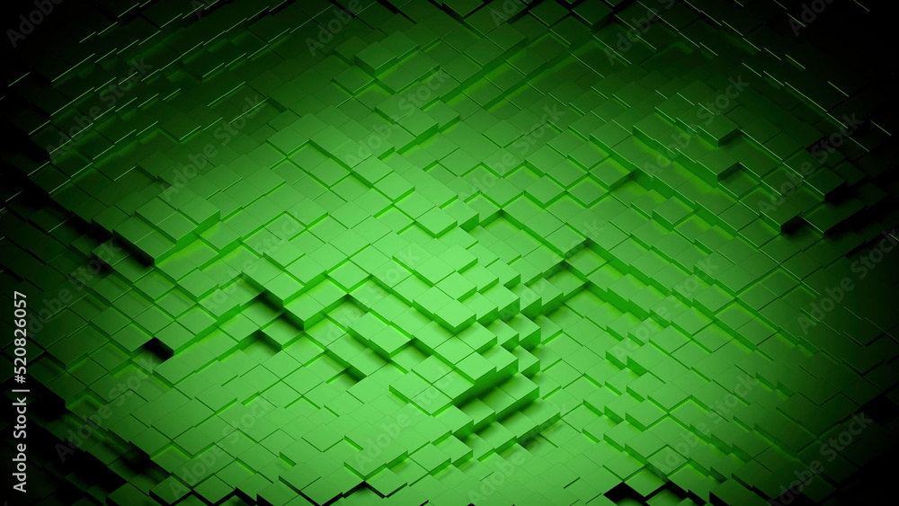 Poster abstract 3d green background with displacing cubic geometry. design. moving small cubic texture.