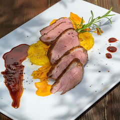 tender crispy duck breast on risotto and ginger-orange-carrots