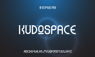 Kudospace, space theme and planetary typeface font alphabet vector.